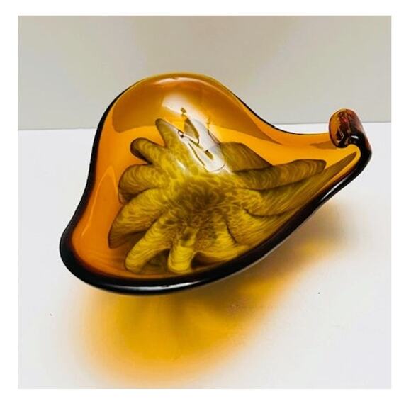 Vintage Mid-Century Italian Fratelli Toso Murano Amber & Gold Swirl Glass Bowl - Picture 6 of 10